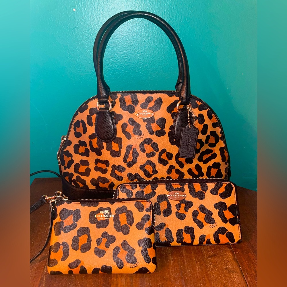 Coach ocelot, satchel, wallet, and pouch. Excellent use condition.